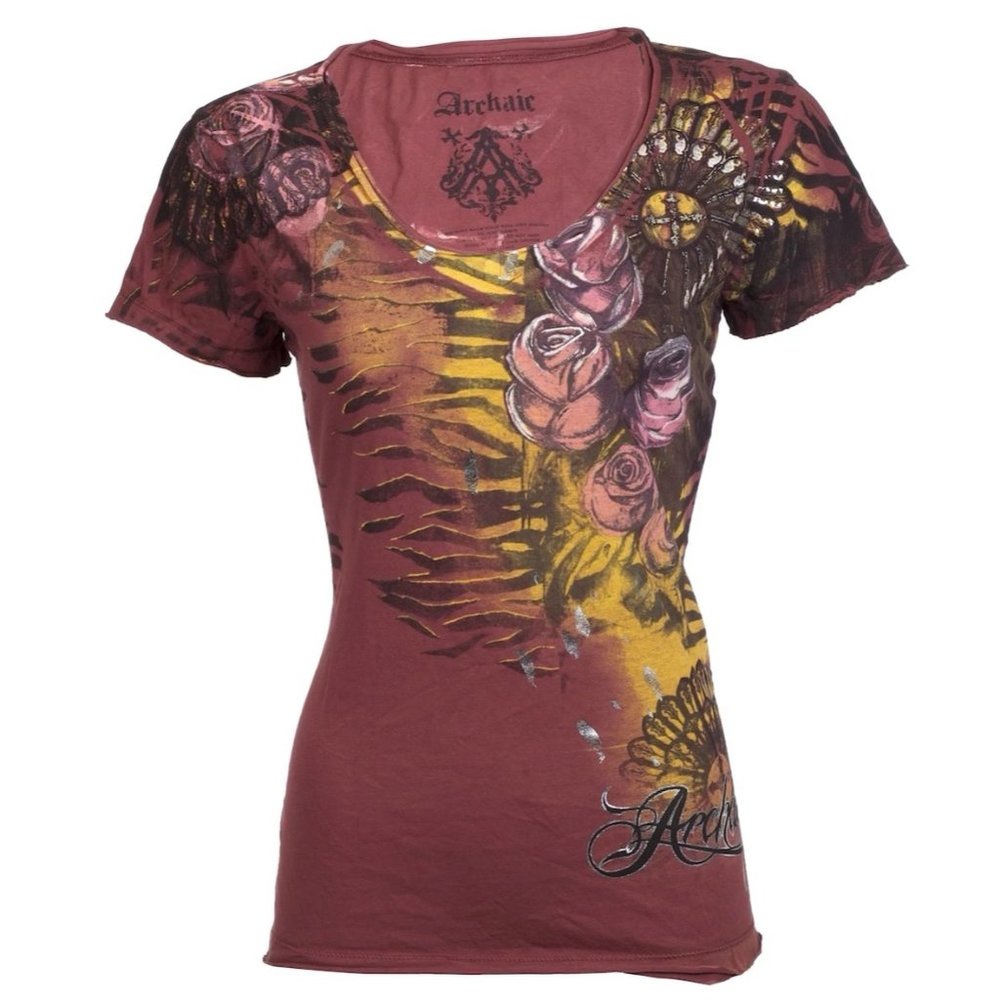 Archaic AFFLICTION Womens T-Shirt SINISTER LOVE Roses Tattoo Biker S-XL $40